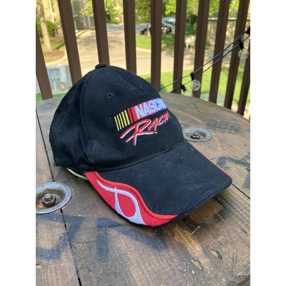 NASCAR Racing Strapback Hat Black Red Embroidered Logo Checkered Flag Cap